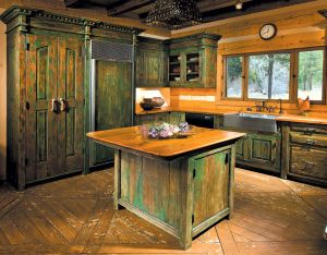 Custom green and tan kitchen island