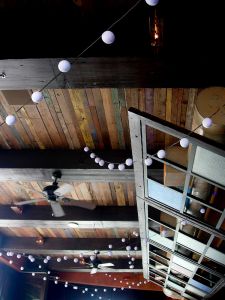 multi-colored planking in bar ceiling