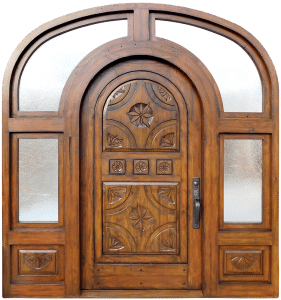 Custom carved door with sidelights