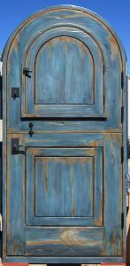 blue Dutch door with cast deadbolt