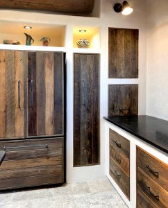 Wabi-sabi kitchen design refrigerator wall cabinets