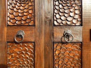 Detail of hand carved doors and hardware