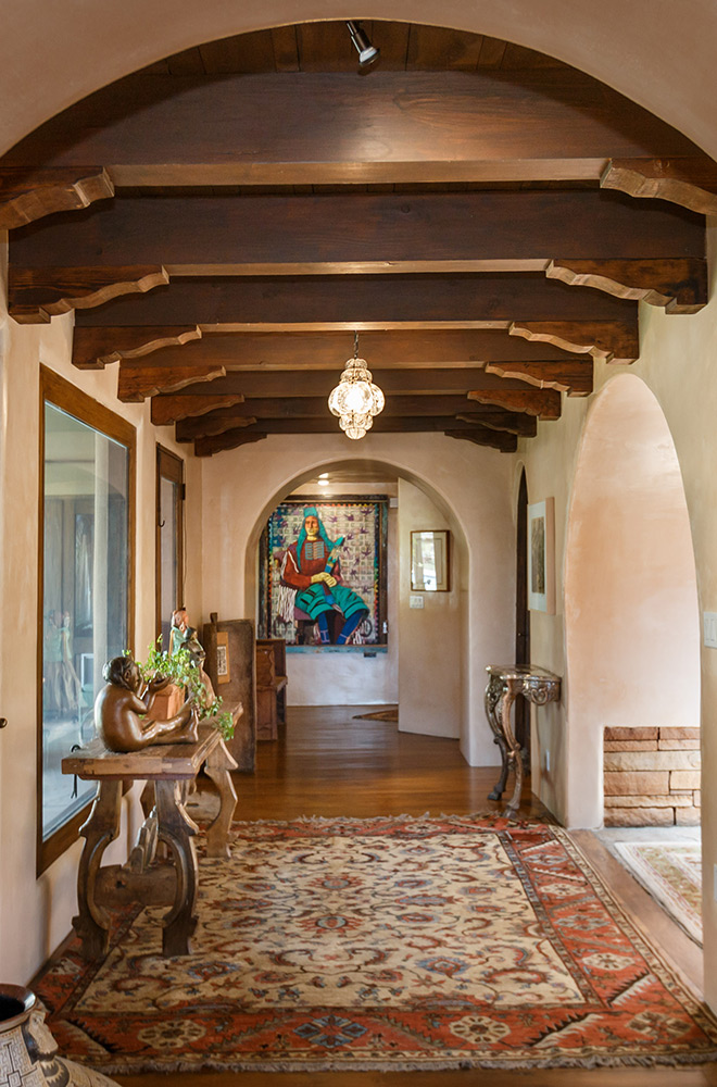 Heavy timber ceiling beams and corbels