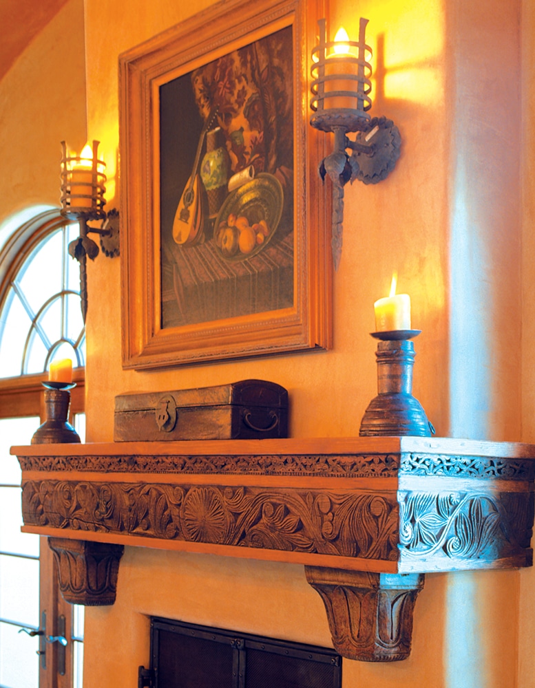 fireplace mantel with antique panels