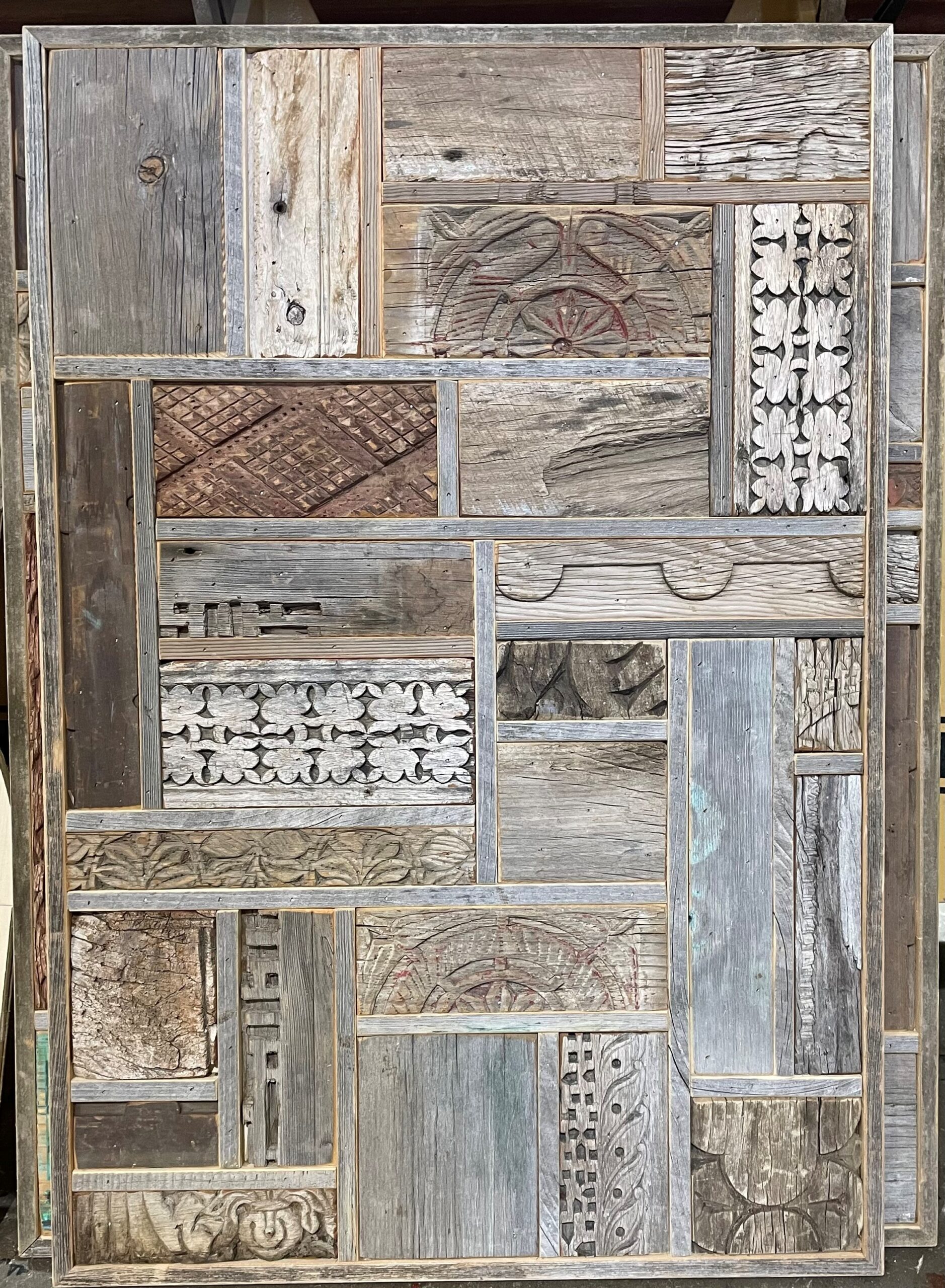 11814-01-Antique Carved Remnant panels Barn Sliding Door with carved Panels